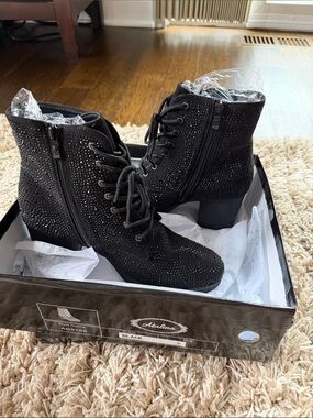 Women size 9 Atalina NIB Black Rhinestone Lace-Up Ankle Boots
